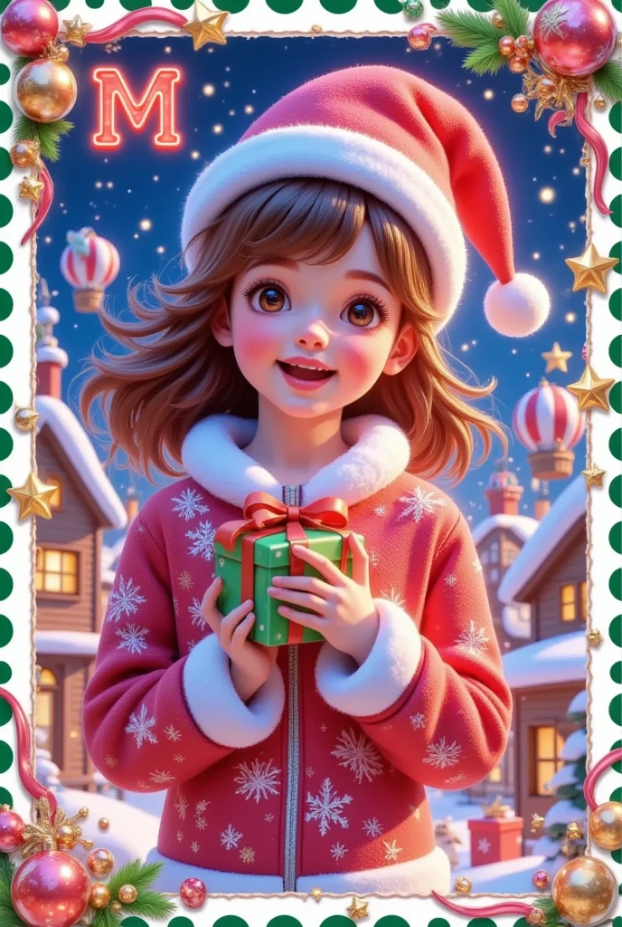  Christmas Card Border ， Picture of a Girl Holding a Gift。  Crazy Christmas  ，  Glowing Letter M Red ，Hot air balloon in the sky，Warm Town  ， Pleasant atmosphere 