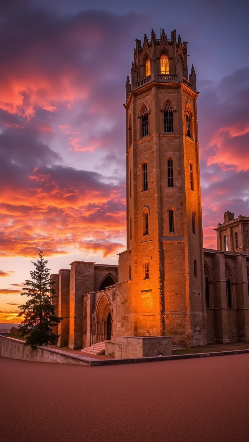 A cinematic hyper-realistic image of the Seu Vella Cathedral viewed from a low-angle perspective (contrapicado), with the structure towering majestically into the vibrant evening sky. The sunset casts dramatic red and orange hues across dynamic clouds, creating a breathtaking, ethereal atmosphere. The intricate Gothic details of the cathedral are illuminated by the warm light, emphasizing its grandeur and historical significance. Highly detailed, immersive, and awe-inspiring.