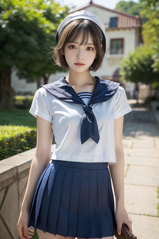 (Realistic:1.3), 8k, Health Photo , Realistic skin texture, (masterpiece,  best quality,  high definition :1.2), ( Very detailed,  Intricate Details ,  high definition ), textured skin, Skin pores,  Intricate Details ,  one girl who is at ease,  straight short hair,whole body, ultra mini skirt ,( sailor suit ),Beautiful Skin,Realistic Face,( holds a glass sword)