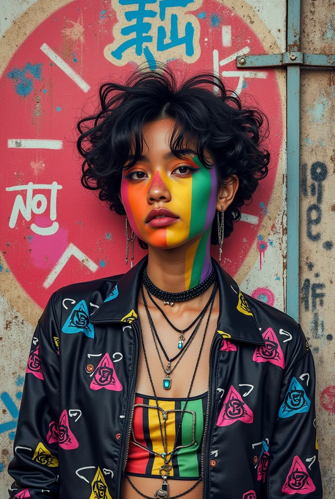 upper body portrait, raw essence of a tattoed street style icon, drenched in rebellious energy, wearing oversized flannel shirt, vibrant graffiti as backdrop, edgy fashion, sense, confident gaze, colorful hair, light beams streaming through haze, best quality, high quality, good