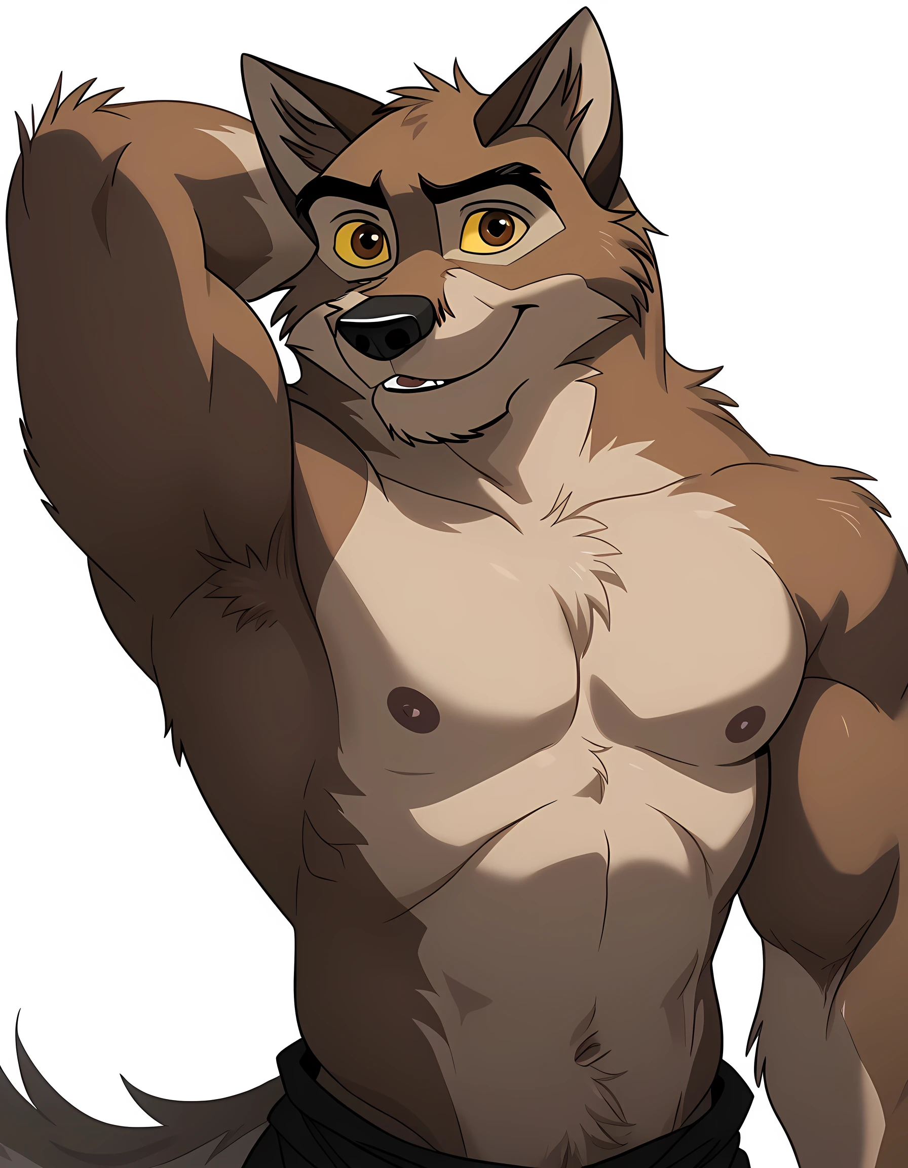 baltotwd, wolfdog, balto, brown eyes, yellow sclera, solo, detailed, detailed face, black eyes, anthro body, male, adult, muscular, cartoon shading, cel shaded:1.0, flat colors, (no background, white background):1.5, shirtless, wfa style, negger style, cartoony anatomy, above waist, looking at viewer, posing, smile