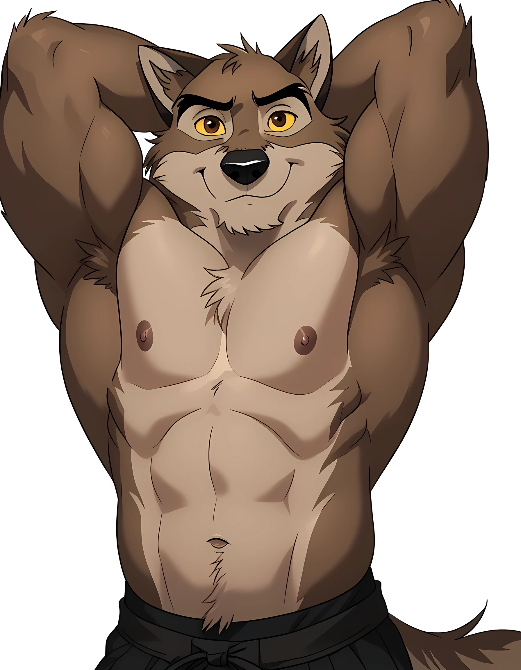 baltotwd, wolfdog, balto, brown eyes, yellow sclera, solo, detailed, detailed face, black eyes, anthro body, male, adult, muscular, cartoon shading, cel shaded:1.0, flat colors, (no background, white background):1.5, shirtless, wfa style, negger style, cartoony anatomy, above waist, looking at viewer, posing, subtle smile, arms behind head, bright highlights:1.2