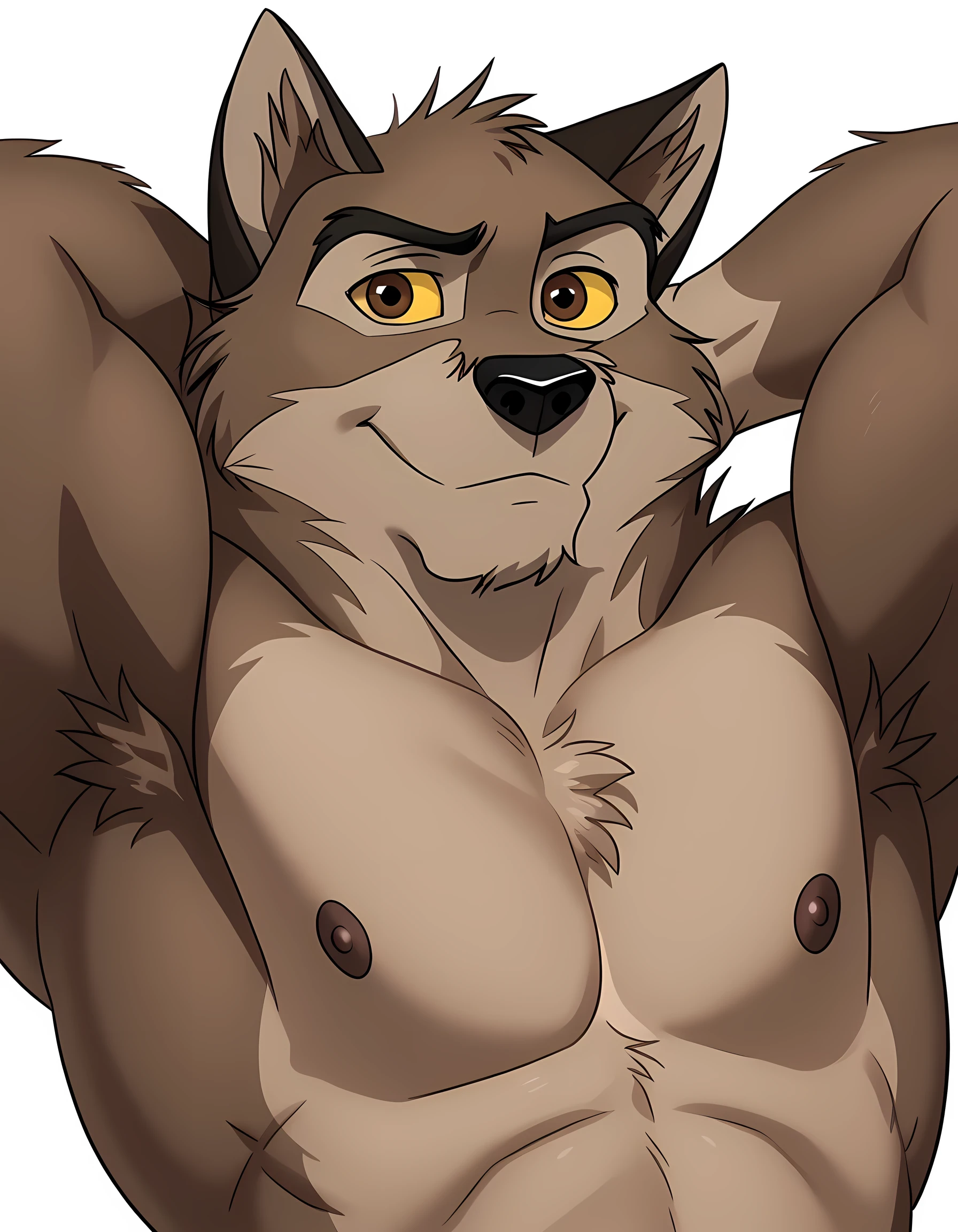 baltotwd, wolfdog, balto, brown eyes, yellow sclera, solo, detailed, detailed face, black eyes, anthro body, male, adult, muscular, cartoon shading, cel shaded:1.0, flat colors, (no background, white background):1.5, shirtless, wfa style, negger style, cartoony anatomy, above waist, half body, looking at viewer, posing, smile, questioning look, one eyebrow lowered:1.1, one hand behind head, armpit