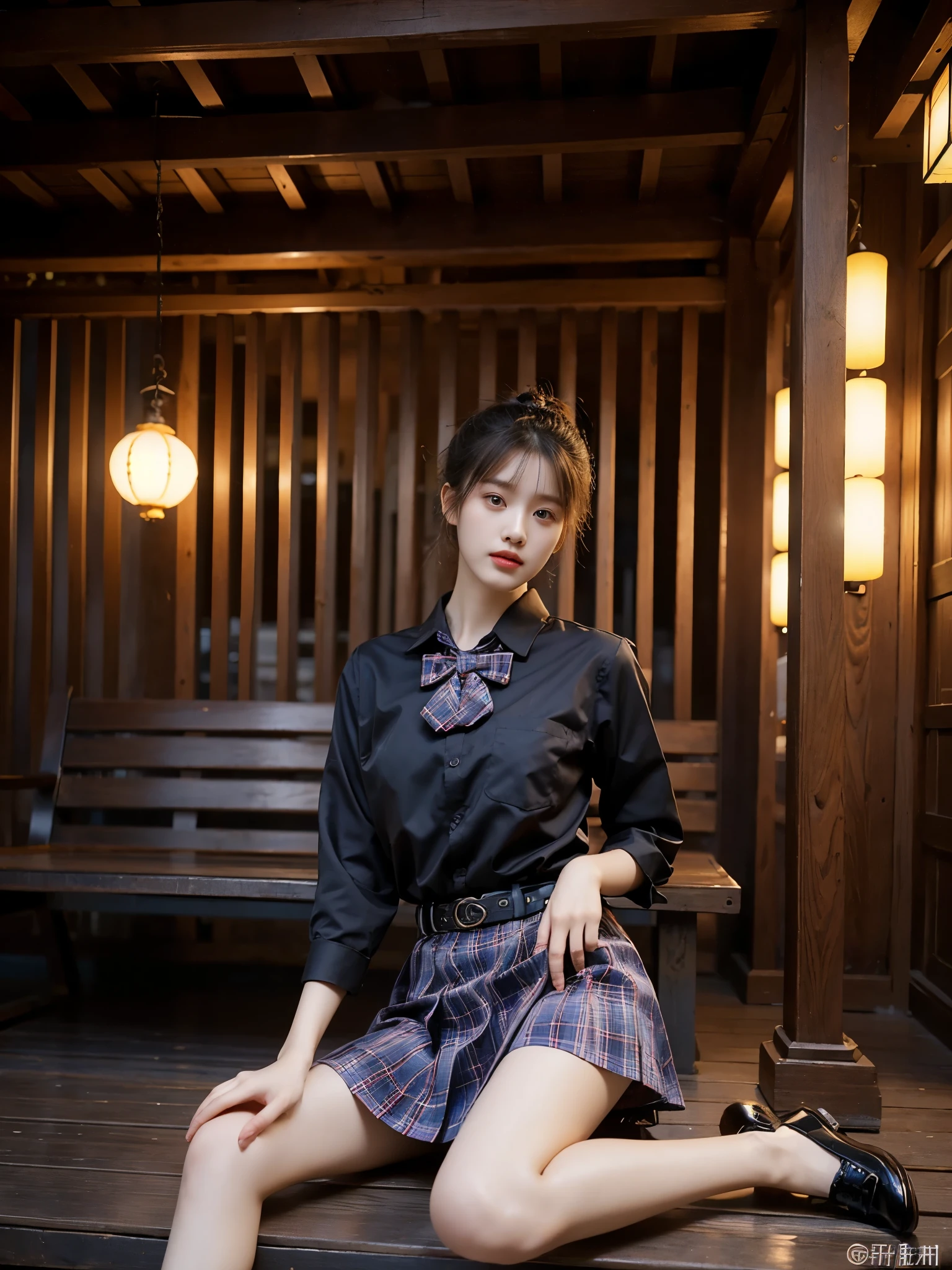 skirt,plaid necktie,belt,plaid skirt,black shirt,bowtie, (photorealistic:1.4), beautiful young Chinese woman, sitting elegantly on a bench in a traditional Chinese pavilion at night, legs gracefully crossed, long slender legs, (anatomically correct legs:1.3), leaning against a pavilion pillar, moonlight streaming through the pavilion roof, traditional Chinese architecture, soft ambient lighting, perfect anatomy, detailed leg posture, dark night sky, gentle breeze, peaceful atmosphere, high detail, 8k uhd, high quality