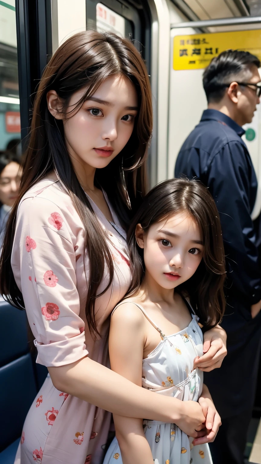 girl slim waist,a Korean teen girl wears a brown wavy long hair and glasses, the Korean girl has huge , wears a flower pattern mini dress, the girl is with an ugly old man, is in a train, the old man is squeezing the malay girl's ,the old man is squeezing the malay girl's ,the old man squeezed the girl's chest ,The old man squeezed and grabbed the girl's ,the girl bowed slightly forward,old man touch girl ,slim waist,alone,empty train ,