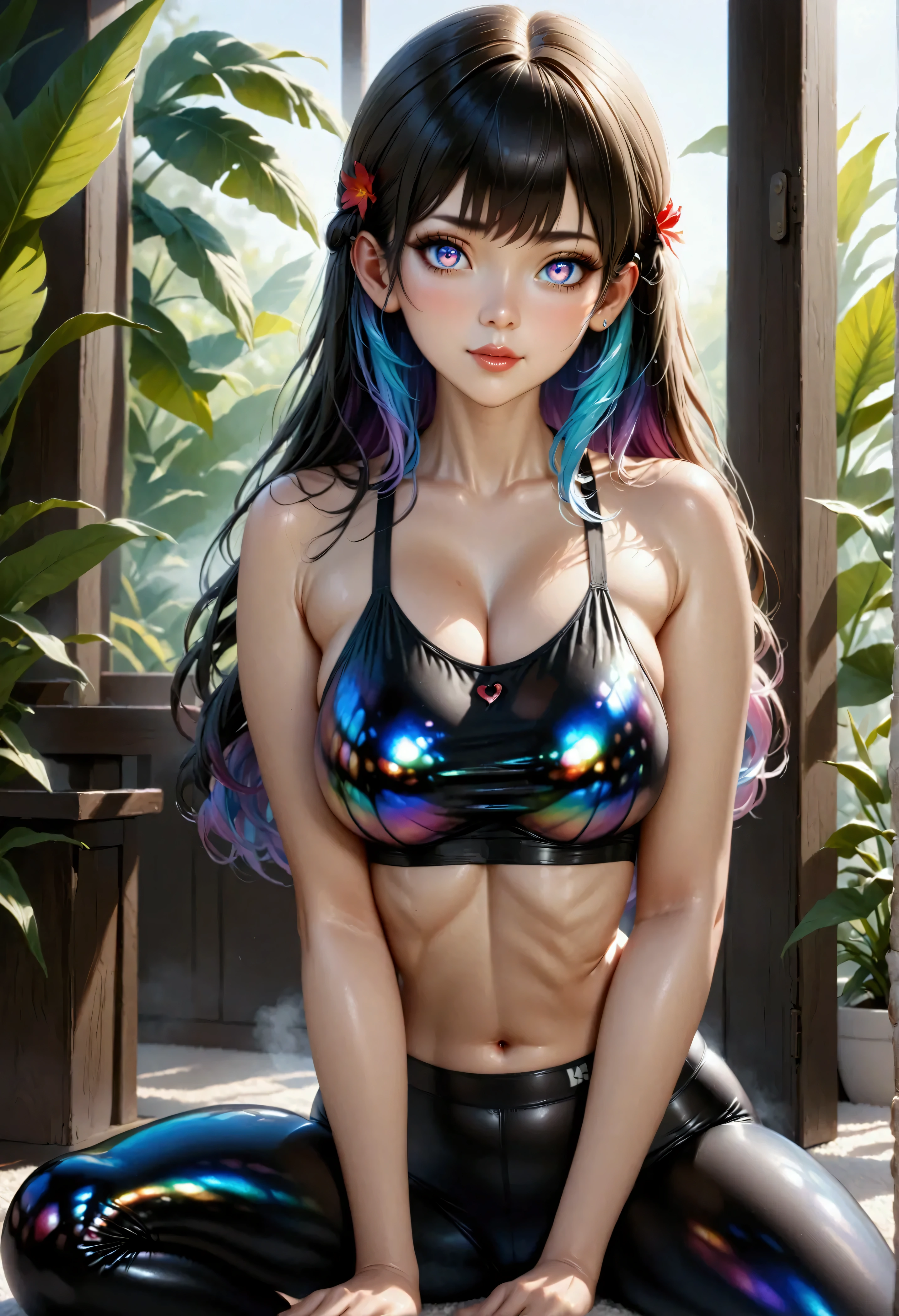 shukezouma, octane render, hdr, (hyperdetailed:1.15), (soft light, sharp:1.2), 1girl, beautiful girl, ultra detailed eyes, mature, plump, thick, painting drops, paint teardrops, woman made up from paint, entirely paint, splat, splash, long colored hair, sports bra made from paint, ultra detailed texture sports bra, paint sports bra, paint bulb, exposed cleavage, sexy, paint drops, outdoors, exposed shoulders, sakura trees, tears, sexy, shoulders visible, thighs exposed