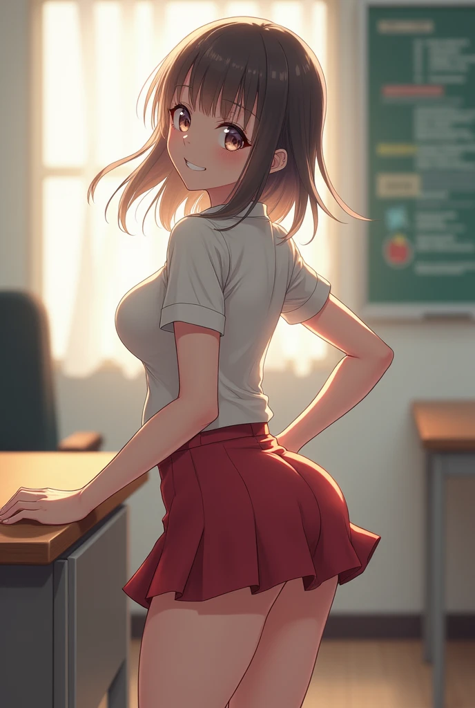 masterpiece, best quality, best lighting, shadows, perfect anatomy, 1 girl, 21 years old, mature features, black wavy hair, black eyes, seductive eyes, blushing, flirty, pretty smile, tiny red skirt, white tight shirt, classroom background, ass, breast, thighs, nsfw,