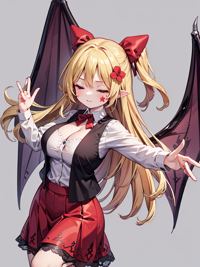 an animated drawing of a female with wings, clean line drawings, ultra cute girl, ultra cute face, ultra detailed eyes, ultra detailed hair, ultra cute, ultra beautiful, ((high end)), (UHD picture), (best quality,4k,8k,highres,masterpiece:1.2), top-quality(​masterpiece), top-quality, ultra-detailed, highly detailed texture, intricate details, high quality textures, masterpiece, best quality, perfect quality, perfect anatomy, perfect body, perfect symmetrical face, perfect hands, perfect feet, (two arms:1.2), (two legs:1.2), (five fingers each:1.2), (perfect joint:1.2), perfect joint movement, precise fingers and hands, 1 beautiful girl, 1 girl, alone, solo, , , ((())), ((ish)), (Best Quality, hight resolution), extremely detailed and lifelike, Vibrant colors, simple background, very long hair, forehead visible bangs, hair flaps, hair ribbon, hair ornament, hair flower, blonde hair, well-formed face, blonde eyes, facial mark, Star-shaped marking on left cheek, devil girl, bat wings, open vest, red vest, red collar, white blouse, long sleeves, long red skirt, from behind, to lift up one’s skirt, cowboy shot, from front, standing, raise one leg, crossed arms, arms up behind, arms behind back, hand between legs, put hands hip, one hand on hip, forward hands, arms raised in the air, punch hands, peace sign, waving, put up index finger, sit, lie down, closed eyes, lie face down, looking back, put one hand chest, leaning forward, cleavage, close up, horizontally outstretched arms, horizontally outstretched legs, front view, front face, huge breasts for short stature, cleavage is clearly visible, G-Cup, decolletage, heart hands, pointing at oneself