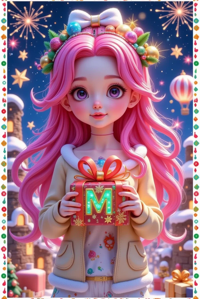  Christmas Card Border ， Picture of a Girl Holding a Gift。  long pink hair， Crazy Christmas  ，  Glowing Letter M Red ，Hot air balloon in the sky，Warm Town  ， Pleasant atmosphere ，Fireworks background