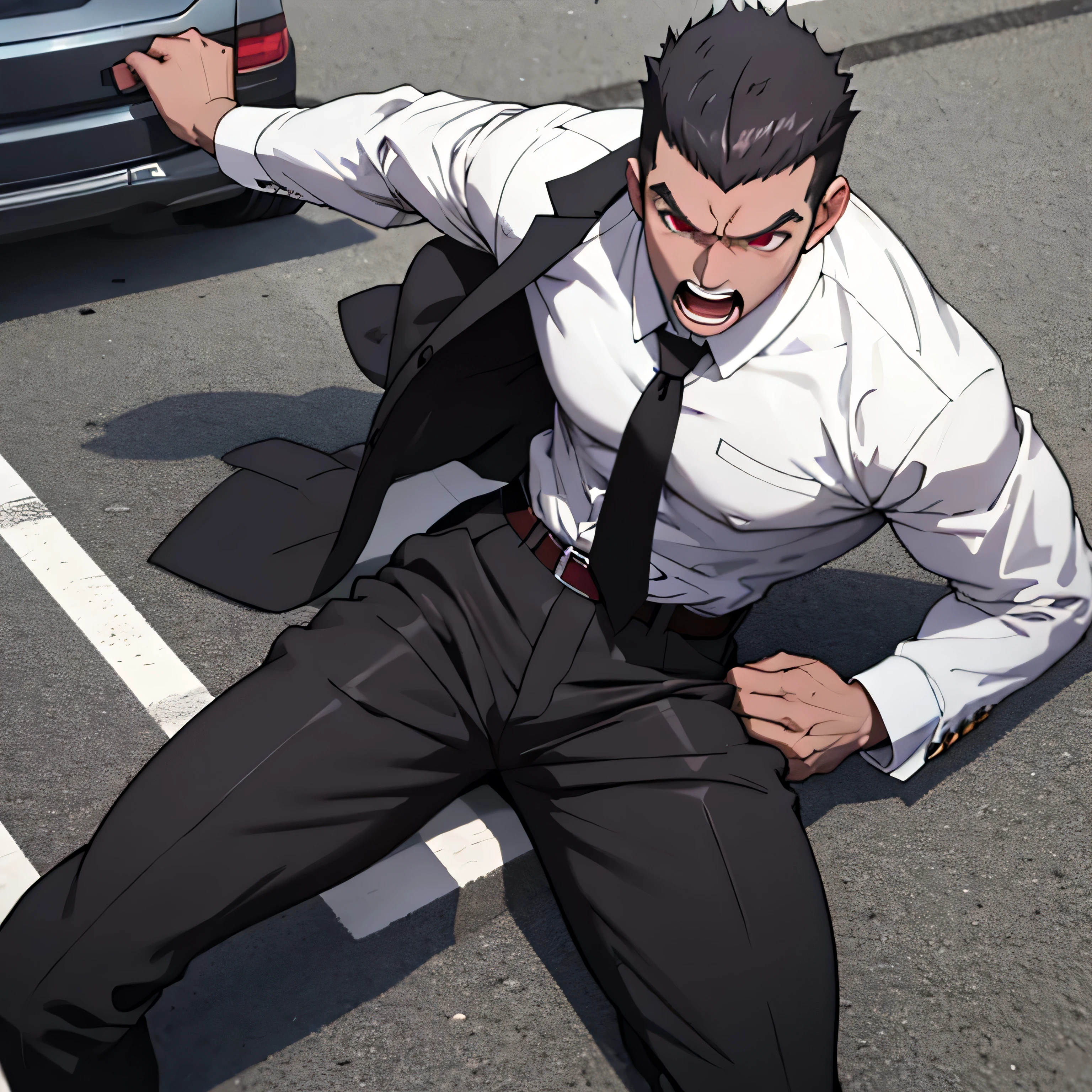 Age 25,, simple black suit、 white shirt、 Maroon Necktie,  black slim pants 、 lying on the ground  ,Spread your legs wider,black belt,Black socks,Black leather shoes,logic, Gay , black hair, short hair on the side of the uniform, thick eyebrows, Lightly Set Your Hair with Wax 、Masculine,salaryman,Mob characters,Bad Actor , Erotic 3D Finish ,、View from above　Suffering face、Open your mouth wide and scream　 face up　Maroon Neckties 　Screaming in agony 　