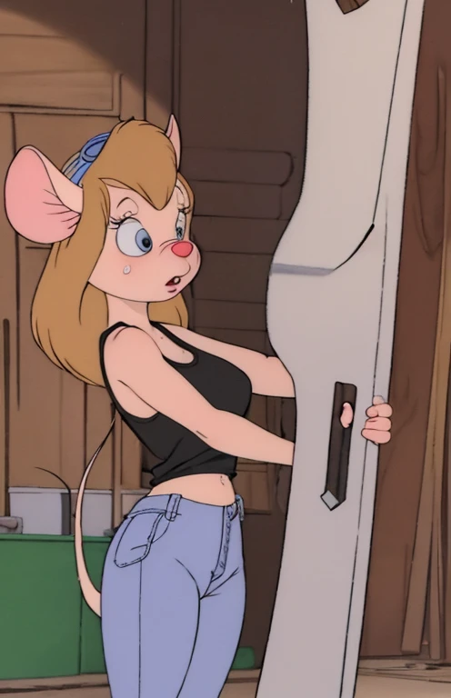 masterpiece, best quality, animal nose, long mouse tail, 1girl, solo, ((cartoon)), retro artstyle, loose grey tank top, jeans, holding a wrench, garage background, exhusted, sweaty, sweating, panting, breathing