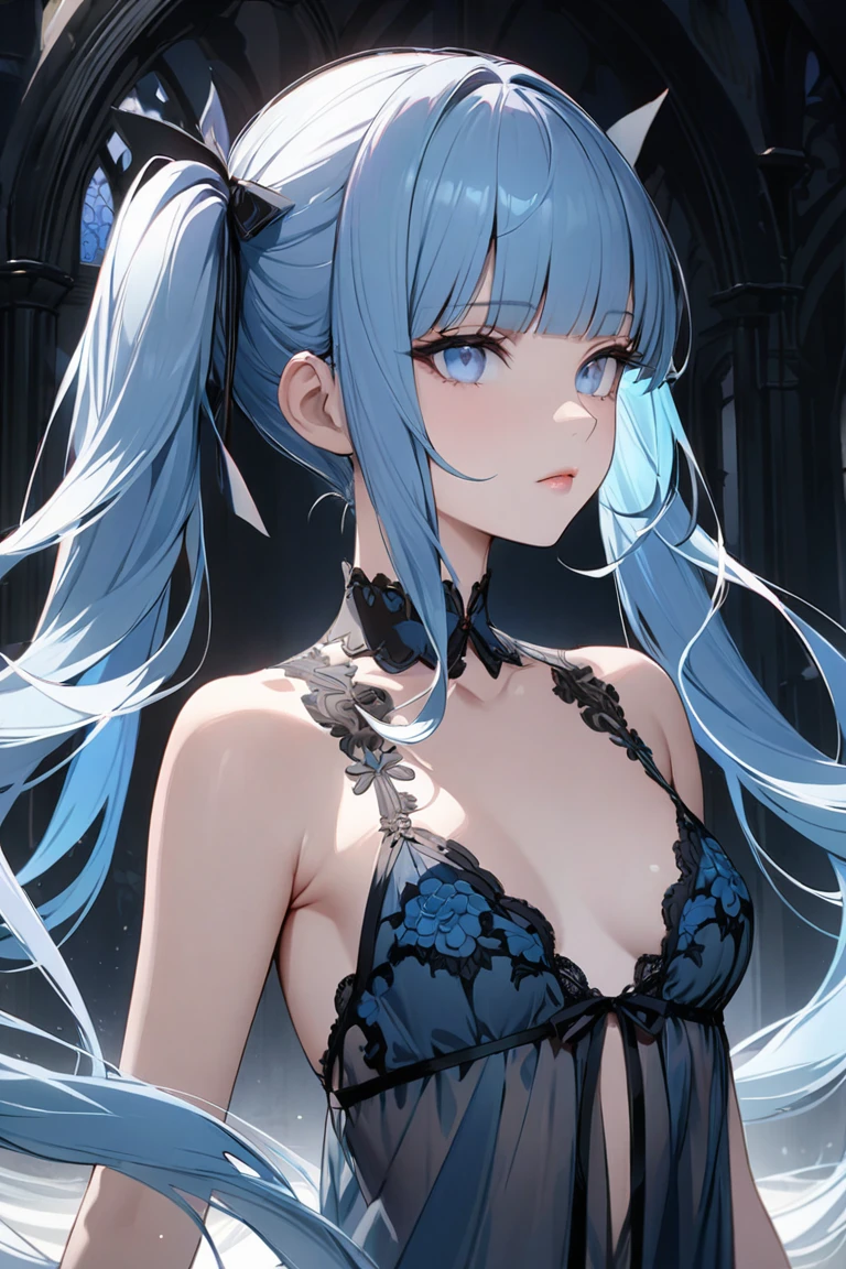 32k, 1girl, solo, long hair, breasts, bangs, hair ornament, thighhighs, gloves, dress, hair between eyes, bare shoulders, blue hair, closed eyes, flower, grey hair, multicolored hair, small breasts, frills, parted lips, black gloves, hair bun, black dress, streaked hair, tattoo, rose, halo, hand on own chest, single thighhigh, colored inner hair, blue thighhighs, official alternate hairstyle, official alternate hair length, star halo,