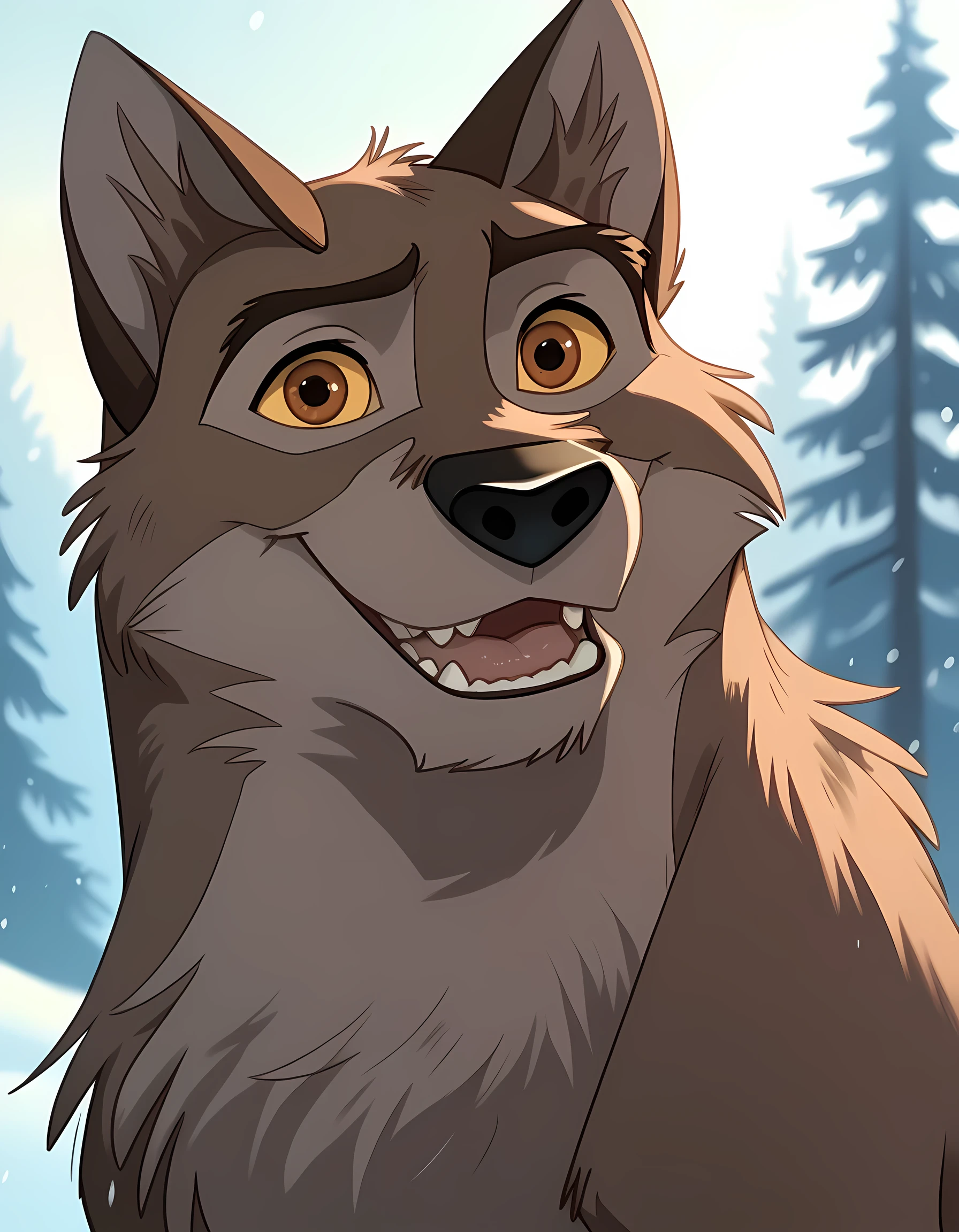 baltotwd, wolfdog, balto, solo, detailed, detailed face, feral body, male, adult, winter background, smile,