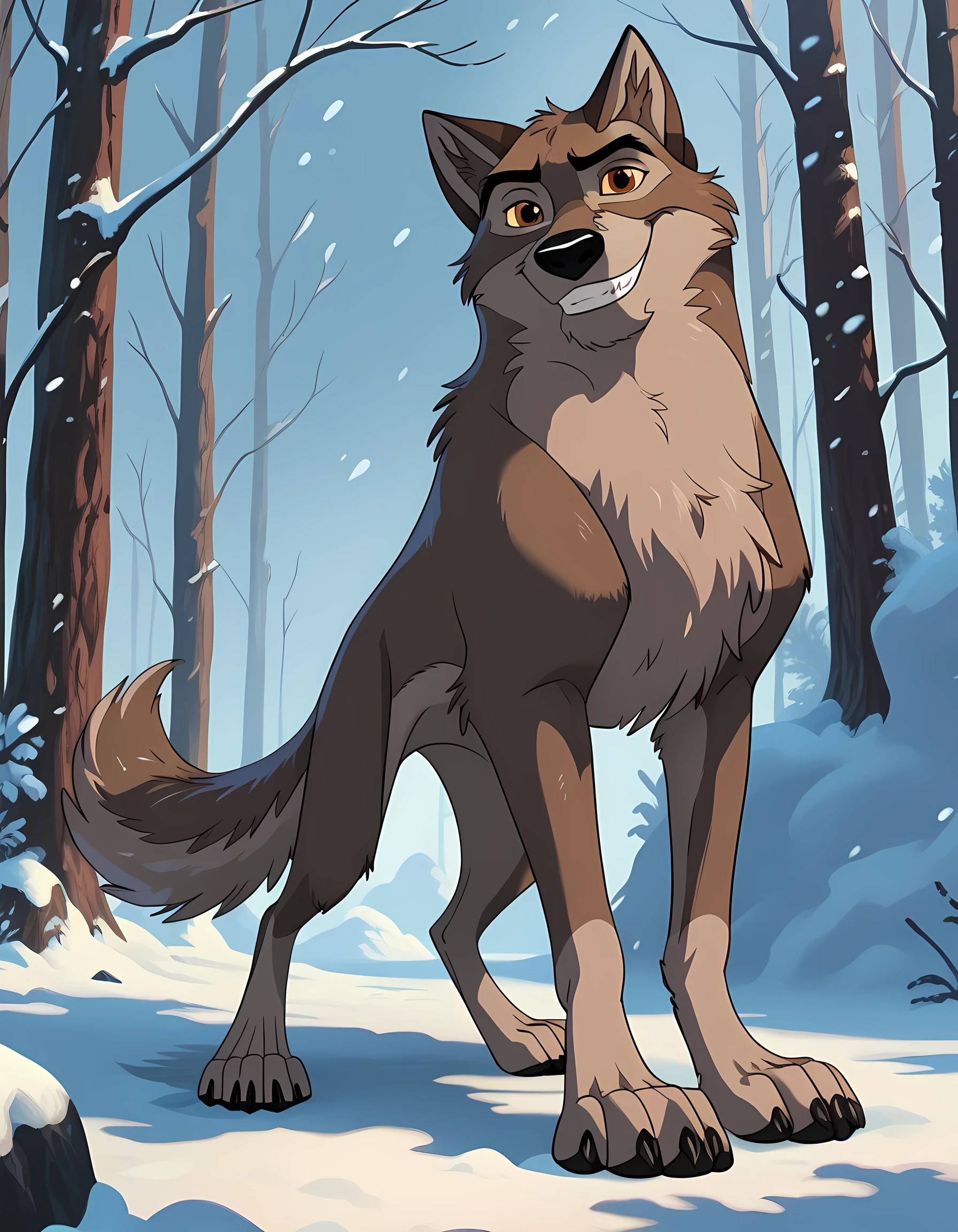 baltotwd, wolfdog, balto, solo, detailed, detailed face, feral body, male, adult, winter background, smile, full body, big paws, wolf tail, muscular feral, feral pectorals, by negger, by wfa