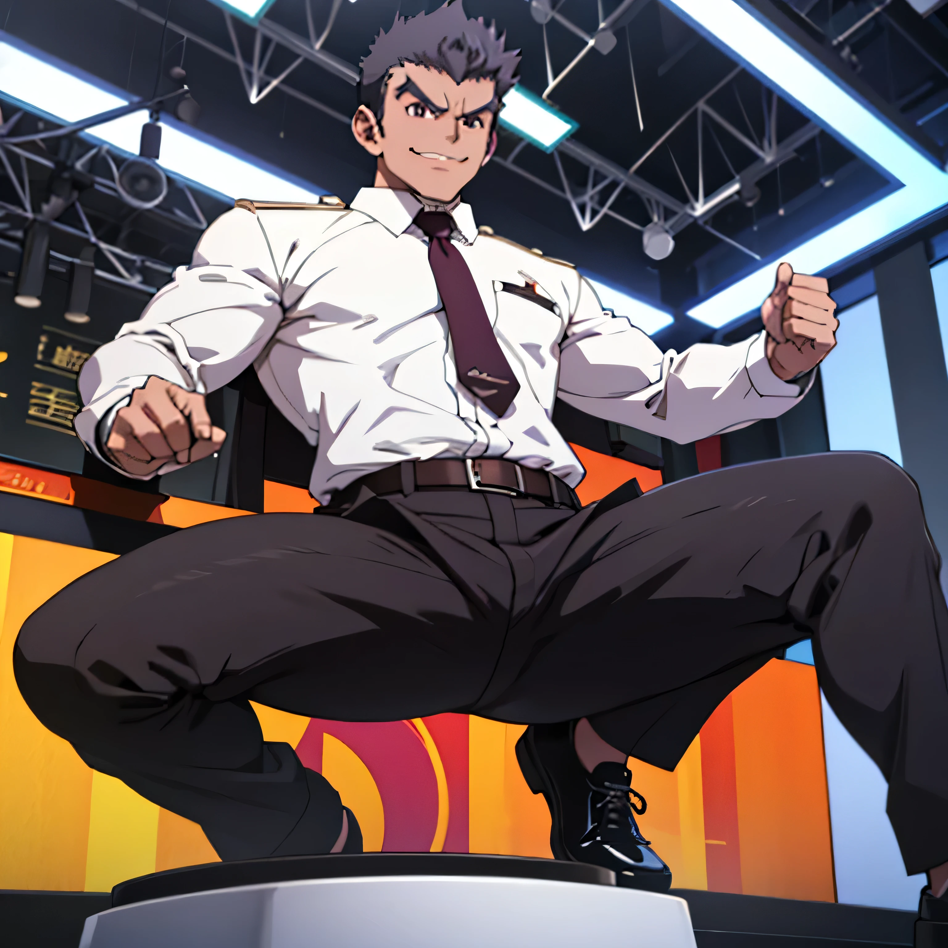 Age 25,, simple black suit、 white shirt、 Maroon Necktie,  black slim pants  ,cool battle pose、Spread your legs wider,black belt,Black socks,Black leather shoes,logic, Gay , black hair, short hair on the side of the uniform, thick eyebrows, Lightly Set Your Hair with Wax 、Masculine,salaryman,Mob characters,Bad Actor , Erotic 3D Finish ,、View from below　The villain's smile　 face up　Maroon Neckties 