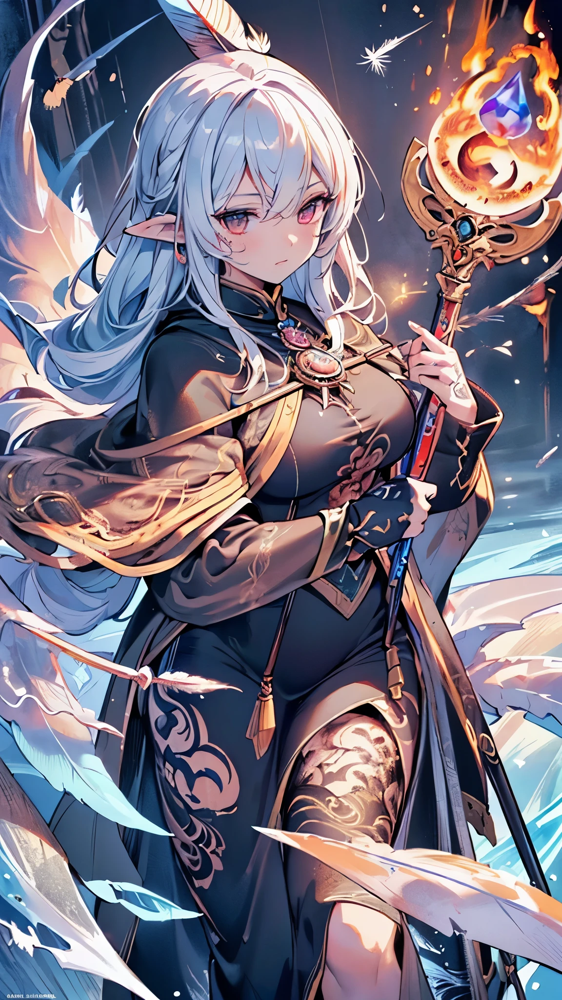 (( best quality)),( ultra high resolution),( super detailed),( detailed description ),(( best CG )),(masterpiece), Highly Detailed Art ,( Art with Precise Details :1.5), (Ink Art:1.8), (Female Mage:1.6),(Fire and Ice Feathers :1.7),(Staff:1.6)