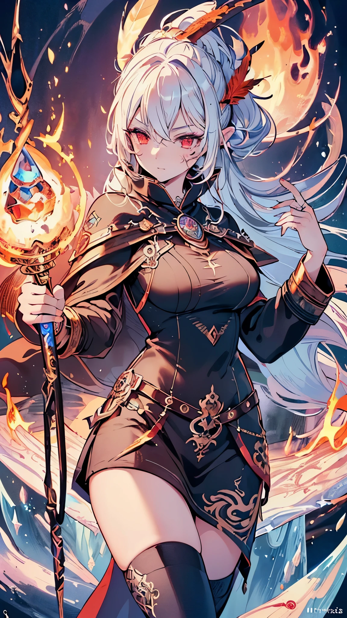 (( best quality)),( ultra high resolution),( super detailed),( detailed description ),(( best CG )),(masterpiece), Highly Detailed Art ,( Art with Precise Details :1.5), (Ink Art:1.8), (Female Mage:1.6),(Fire and Ice Feathers :1.7),(Staff:1.6)