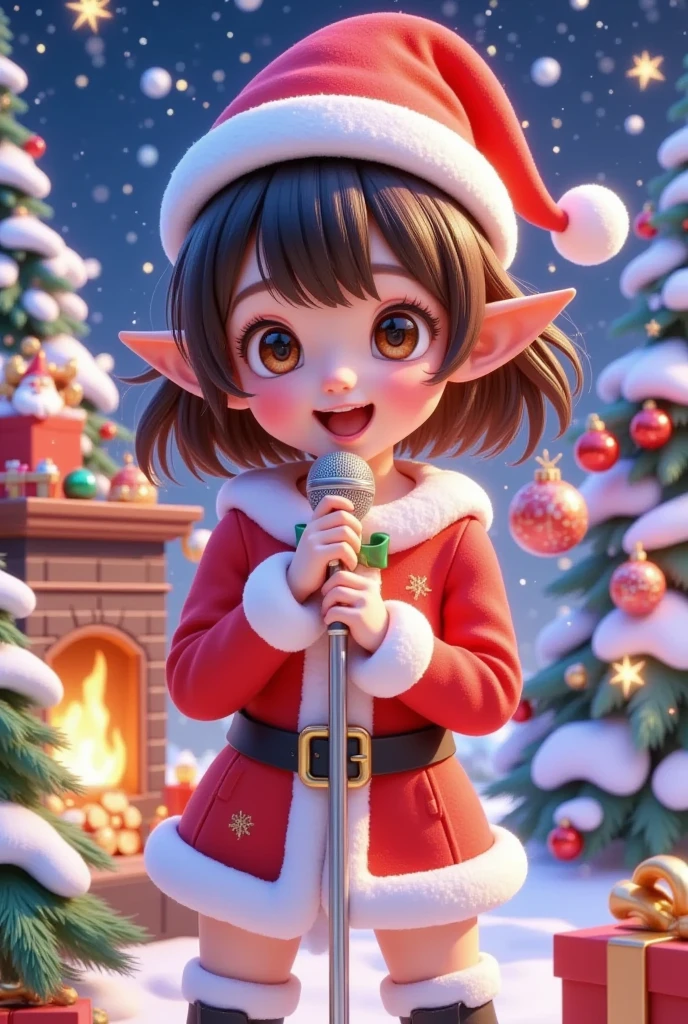 A girl in a Santa costume holds a microphone in front of a Christmas scene, cute detailed digital art , render of a cute 3D Anime Girl, Anime style 4K, Anime style 3d, Fan Art, 3D Anime Girl, little Elf Girl, Elf Girl, 8K high quality detailed art,  trending on cgstation , 8K)), 可爱的数字艺术