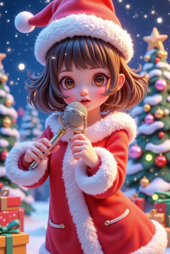 A girl in a Santa costume holds a microphone in front of a Christmas scene,  digital art by Kanbun Master, ArtStation,  digital art, cute detailed  digital art, render of a cute 3D Anime Girl, Anime style 4K, Anime style 3d, Fan Art, 3D Anime Girl, little Elf Girl, Elf Girl, 8k HD High Quality Detailed Images 