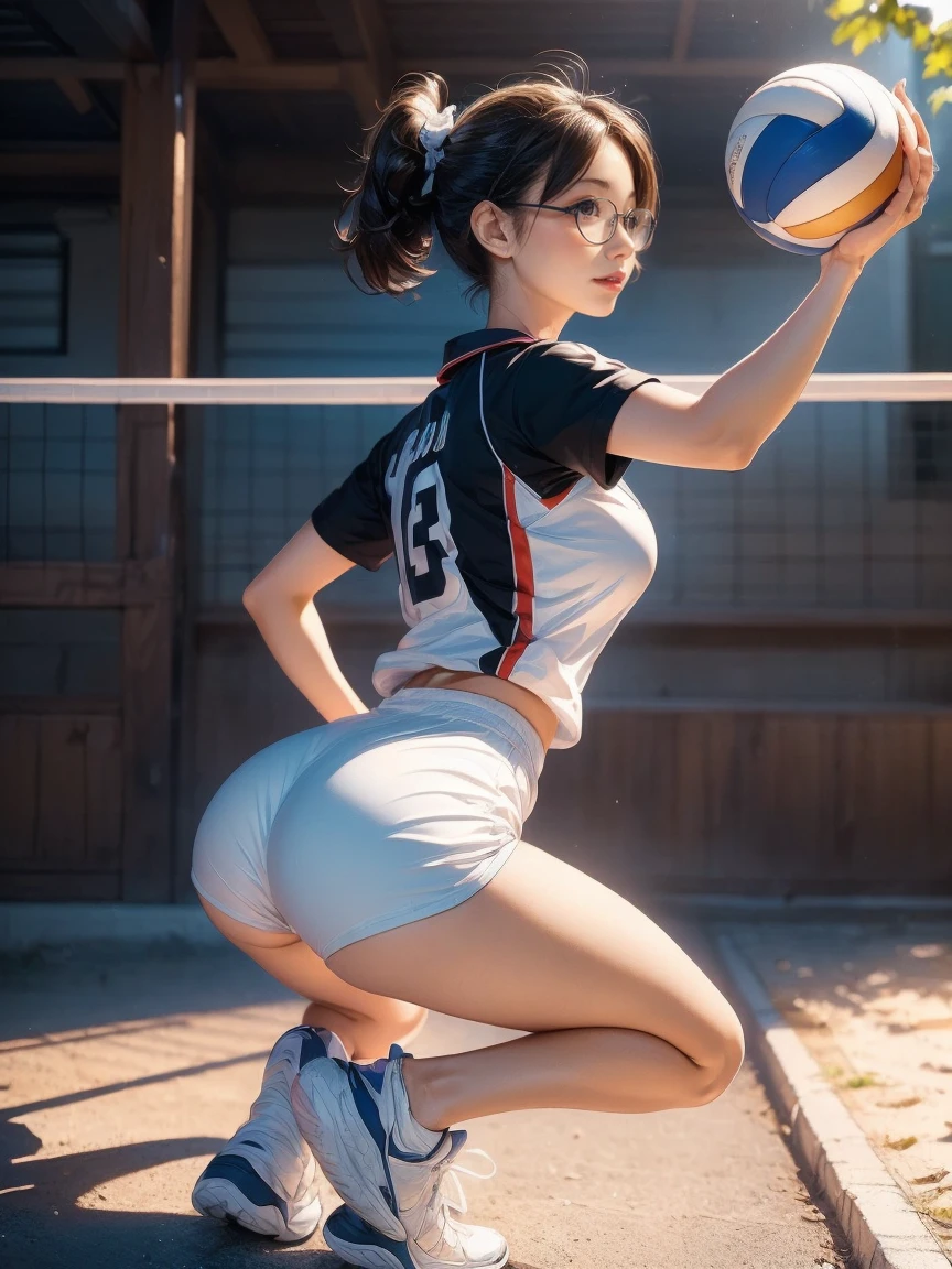  Age 32,1 female,(       She's wearing a white volleyball uniform    )(      She's wearing a fitted uniform    )(  You can see the shape of her butt through her uniform    ),((  Girl with glasses  ))( Squatting posture )( I Can See His Panties)(Obscene pose),(      plump breasts ),(Big Breasts)(      emphasizes the chest)(     plump body     )(Black short bob hair),(最High image quality, (8k),  super realistic, 最     High Quality       ,       High Quality            ,   High image quality,      High Quality     の質感,Attention to detail in the background      ,       beautiful details  ,      sex         ,        CG Details              ,                 detail texture          ,         Realistic facial expressions        , masterpiece, in front),(      You can see her back through her glasses      :1.1)(((      The backend settings are strictly followed      )))　(((         Full Body Portrait          )))(((    Picture of someone with open legs    )))(((  Highlight her crotch      )))(((      The photo was taken at an angle from behind      )))