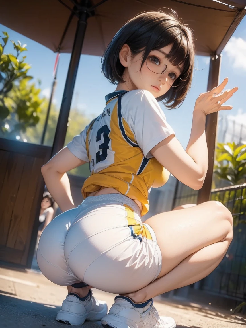  Age 32,1 female,(       She's wearing a white volleyball uniform    )(      She's wearing a fitted uniform    )(  You can see the shape of her butt through her uniform    ),((  Girl with glasses  ))( Squatting posture )( I Can See His Panties)(Obscene pose),(      plump breasts ),(Big Breasts)(      emphasizes the chest)(     plump body     )(Black short bob hair),(最High image quality, (8k),  super realistic, 最     High Quality       ,       High Quality            ,   High image quality,      High Quality     の質感,Attention to detail in the background      ,       beautiful details  ,      sex         ,        CG Details              ,                 detail texture          ,         Realistic facial expressions        , masterpiece, in front),(      You can see her back through her glasses      :1.1)(((      The backend settings are strictly followed      )))　(((         Full Body Portrait          )))(((    Picture of someone with open legs    )))(((  Highlight her crotch      )))(((      The photo was taken at an angle from behind      )))