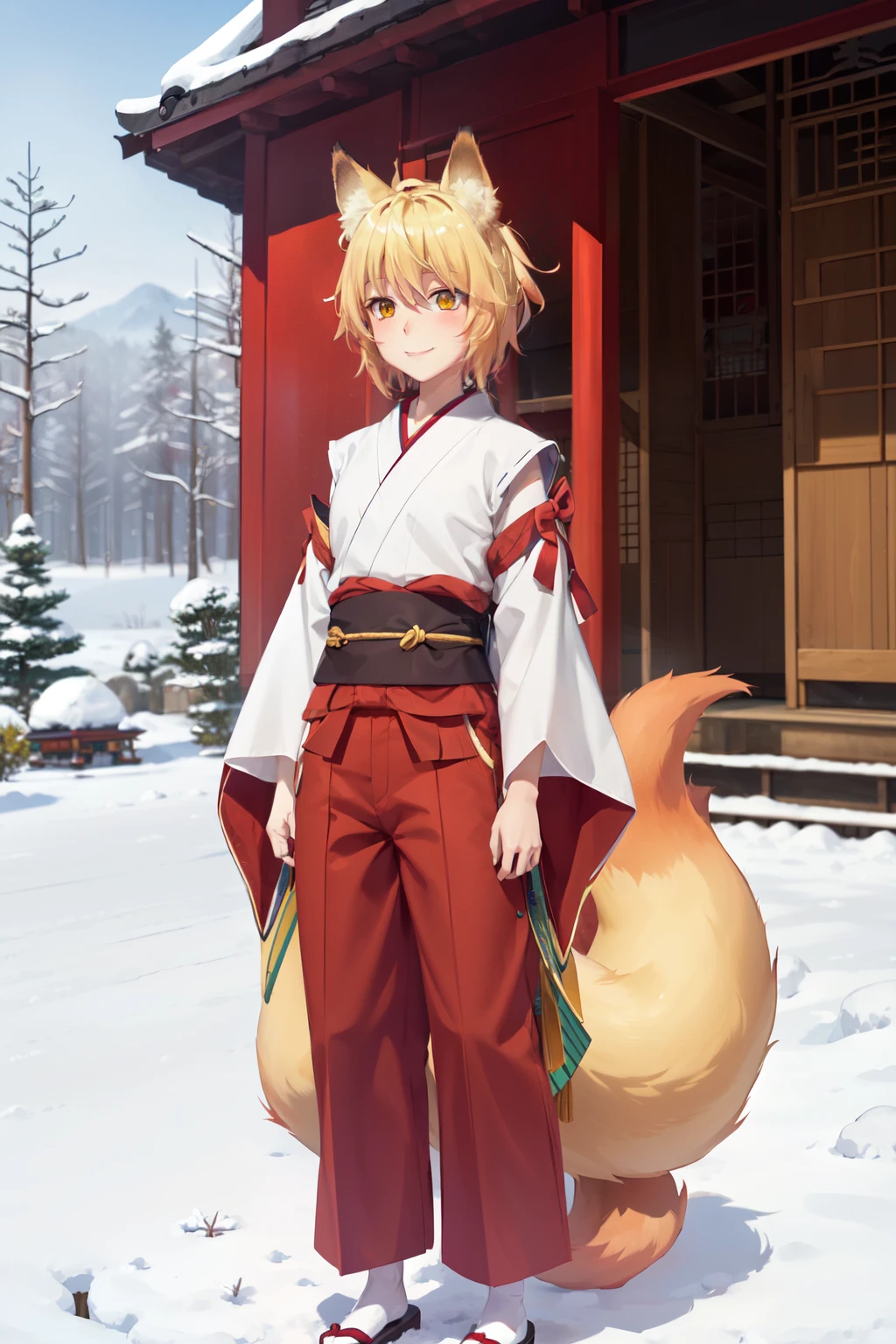  pants The best quality,  masterpiece , Detailed,
feel,
1 girl,  closed mouth , smile, blush,
blonde hair, collect,   yellow eyes,  Fox ears ,  foxtail ,  multiple queues,
Monkey, kimono, (red as well:1.2),
standing,  looking at the spectator ,  arms at the sides,
snow, sanctuary, pagoda