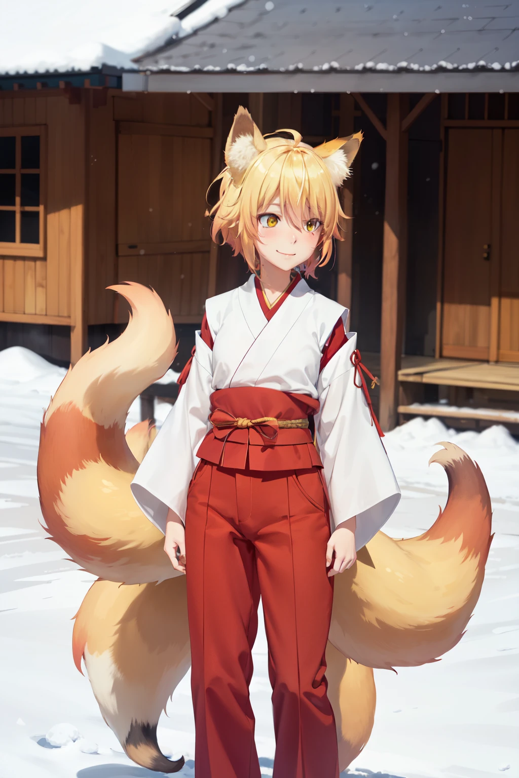  pants The best quality,  masterpiece , Detailed,
feel,
1 girl,  closed mouth , smile, blush,
blonde hair, collect,   yellow eyes,  Fox ears ,  foxtail ,  multiple queues,
Monkey, kimono, (red as well:1.2),
standing,  looking at the spectator ,  arms at the sides,
snow, sanctuary, pagoda