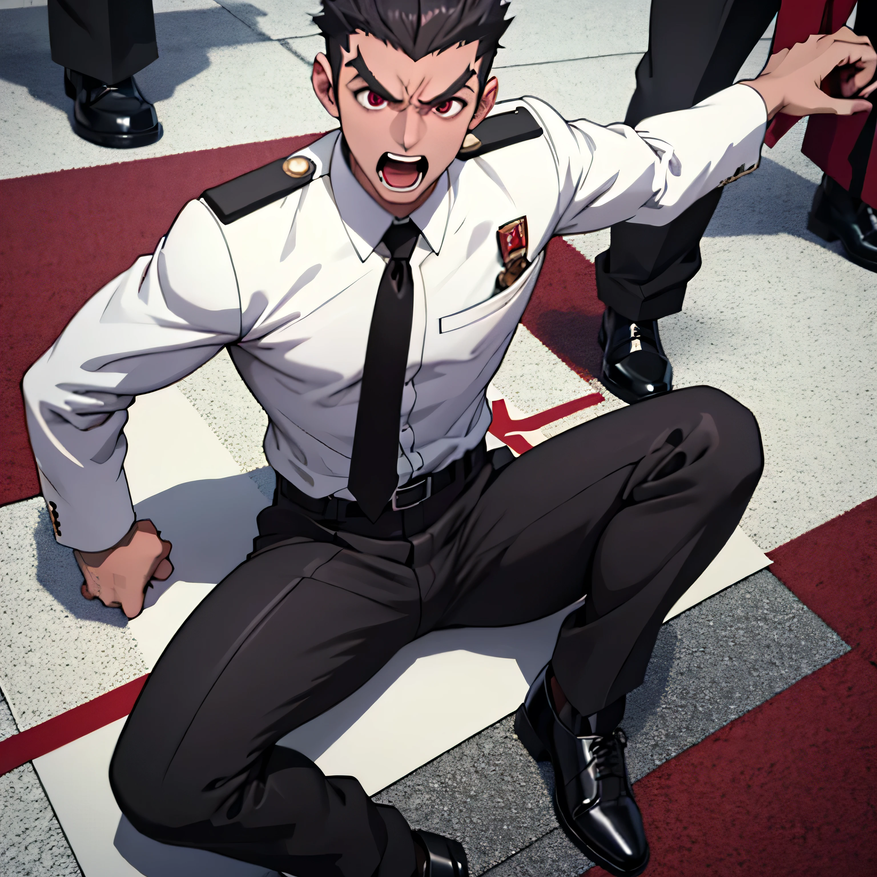 Age 25,, simple black suit、 white shirt、 Maroon Necktie,  black slim pants 、 lying on the ground  ,Spread your legs wider,black belt,Black socks,Black leather shoes,logic, Gay , black hair, short hair on the side of the uniform, thick eyebrows, Lightly Set Your Hair with Wax 、Masculine,salaryman,Mob characters,Bad Actor , Erotic 3D Finish ,、View from above　Suffering face、Open your mouth wide and scream　 face up　Maroon Neckties 　Screaming in agony 　