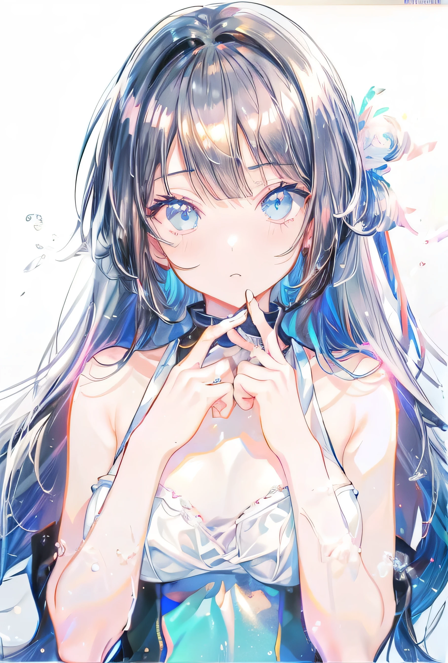 (8K, best quality, master piece: 1.5),super high resolution, One girl, solo, full shot, 10 years old, ultra-detailed face, detailed eyes, rainbow colored iris, cyan eyes, bob cut, Silver gray hair, blunt bangs, hairclip, orgasm face, pale skin, Medium chest, (pink camisole), bare legs, bridal garter, Lakeside