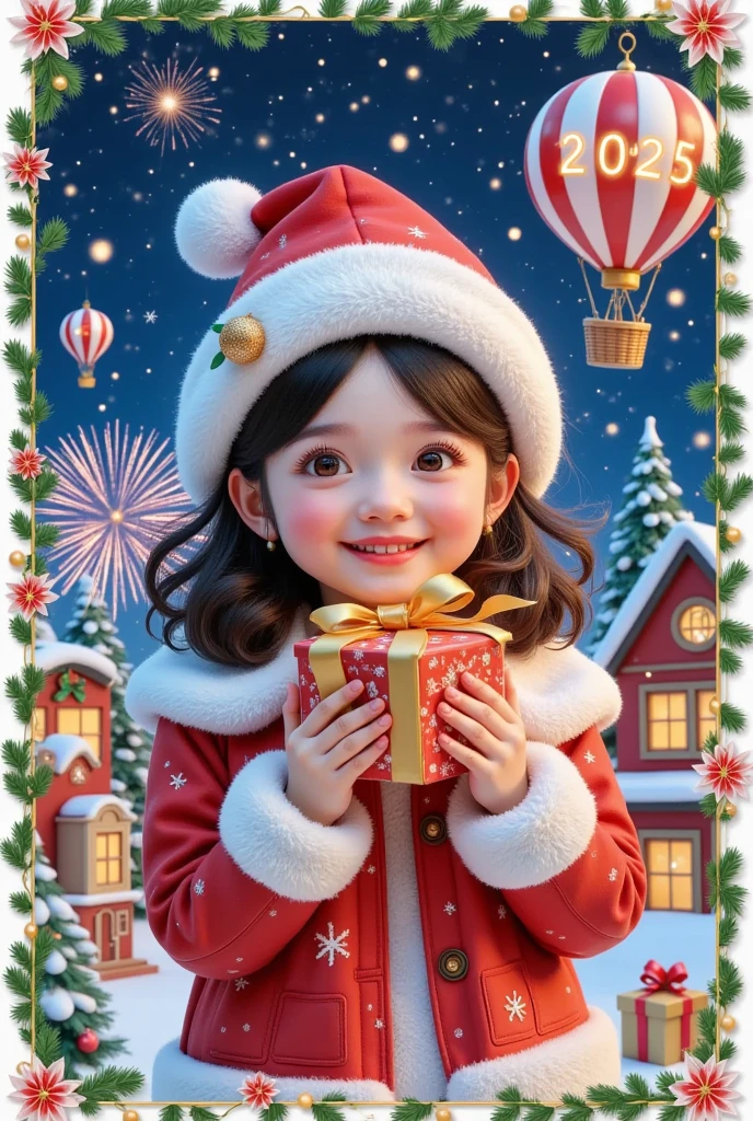  Christmas Card Border ， Picture of a Girl Holding a Gift。  Crazy Christmas  ， glowing letter 2025 red，Hot air balloon in the sky，Warm Town  ， Pleasant atmosphere ，Fireworks background