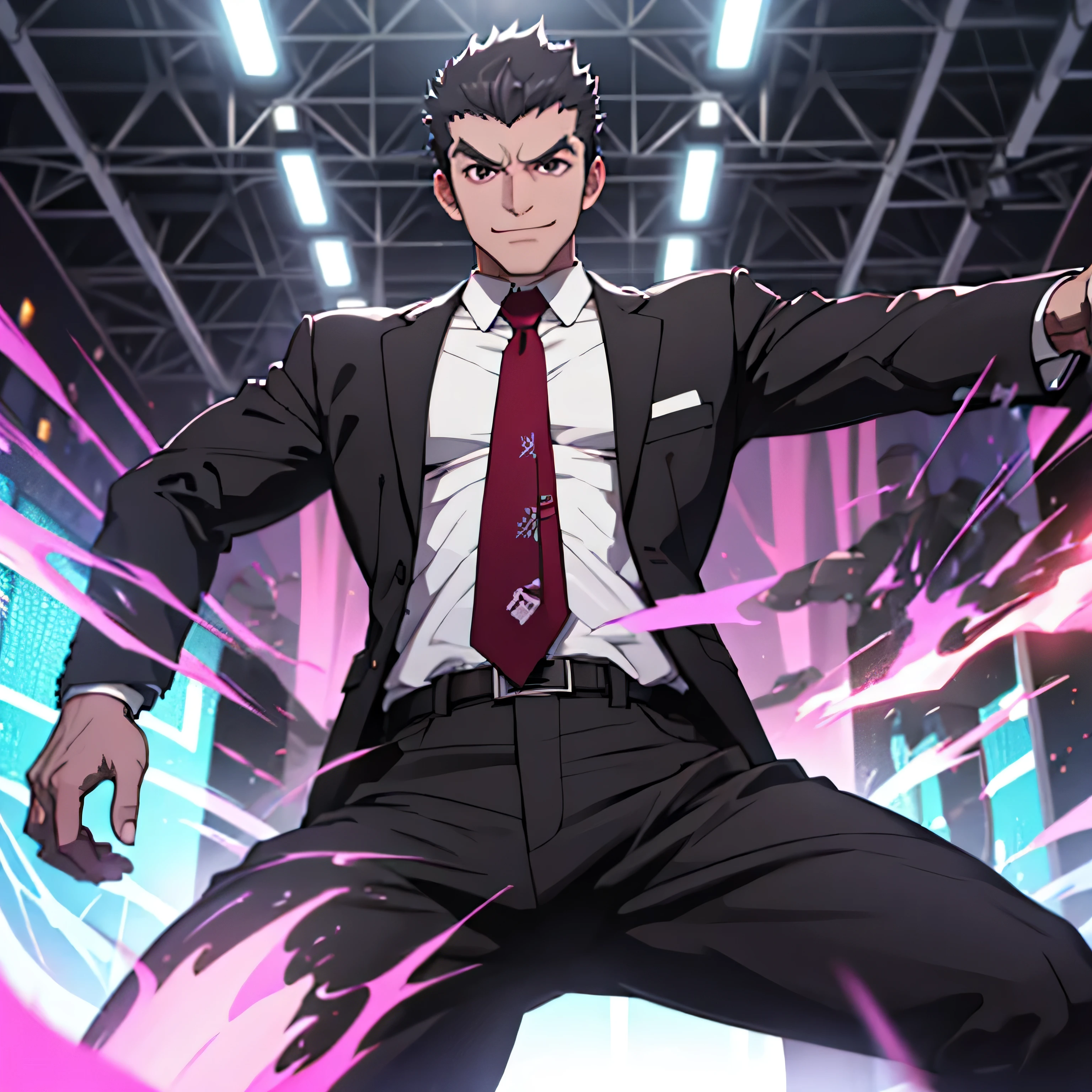 Age 25,, simple black suit、 white shirt、 Maroon Necktie,  black slim pants  ,cool battle pose、Spread your legs wider,black belt,Black socks,Black leather shoes,logic, Gay , black hair, short hair on the side of the uniform, thick eyebrows, Lightly Set Your Hair with Wax 、Masculine,salaryman,Mob characters,Bad Actor , Erotic 3D Finish ,、View from below　The villain's smile　 face up　Maroon Neckties 