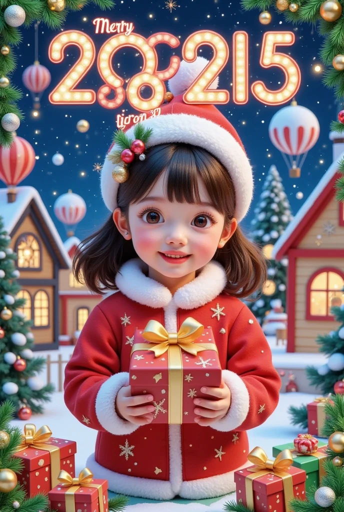  Christmas Card Border ， Picture of a Girl Holding a Gift。  Crazy Christmas  ， glowing letter 2025 red，Hot air balloon in the sky，Warm Town  ， Pleasant atmosphere ，Fireworks background