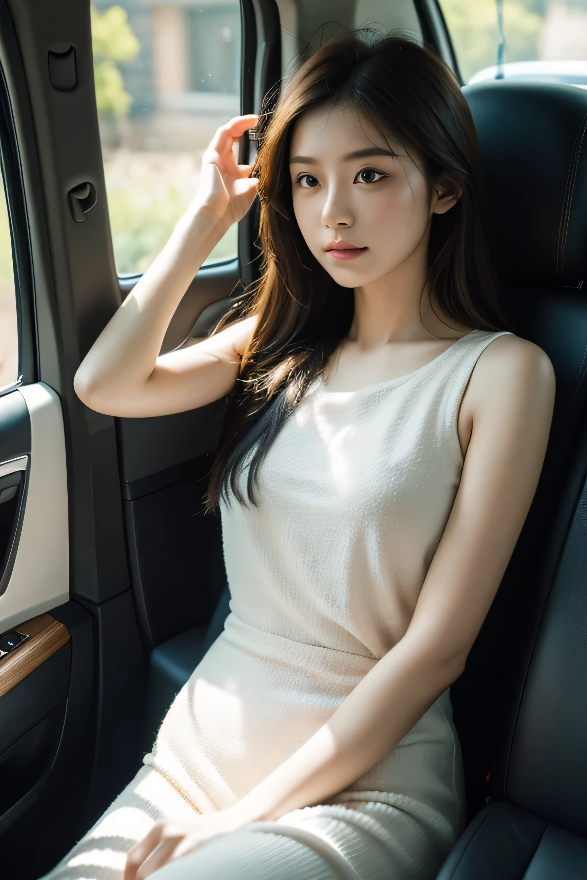 There is a woman sitting in a car with long hair and smiling, 8K selfie taken with Nikon Z9, shot with Canon EOS R 6, shot with Sony Alpha 9, shot with Canon EOS R 5, shot with Canon EOS R5, young cute one asian face, 2 7 years old, gorgeous young Japan woman, 1 8 years old, portrait of a girl, highly detailed face and skin texture, detailed eyes, double eyelids, long hair、