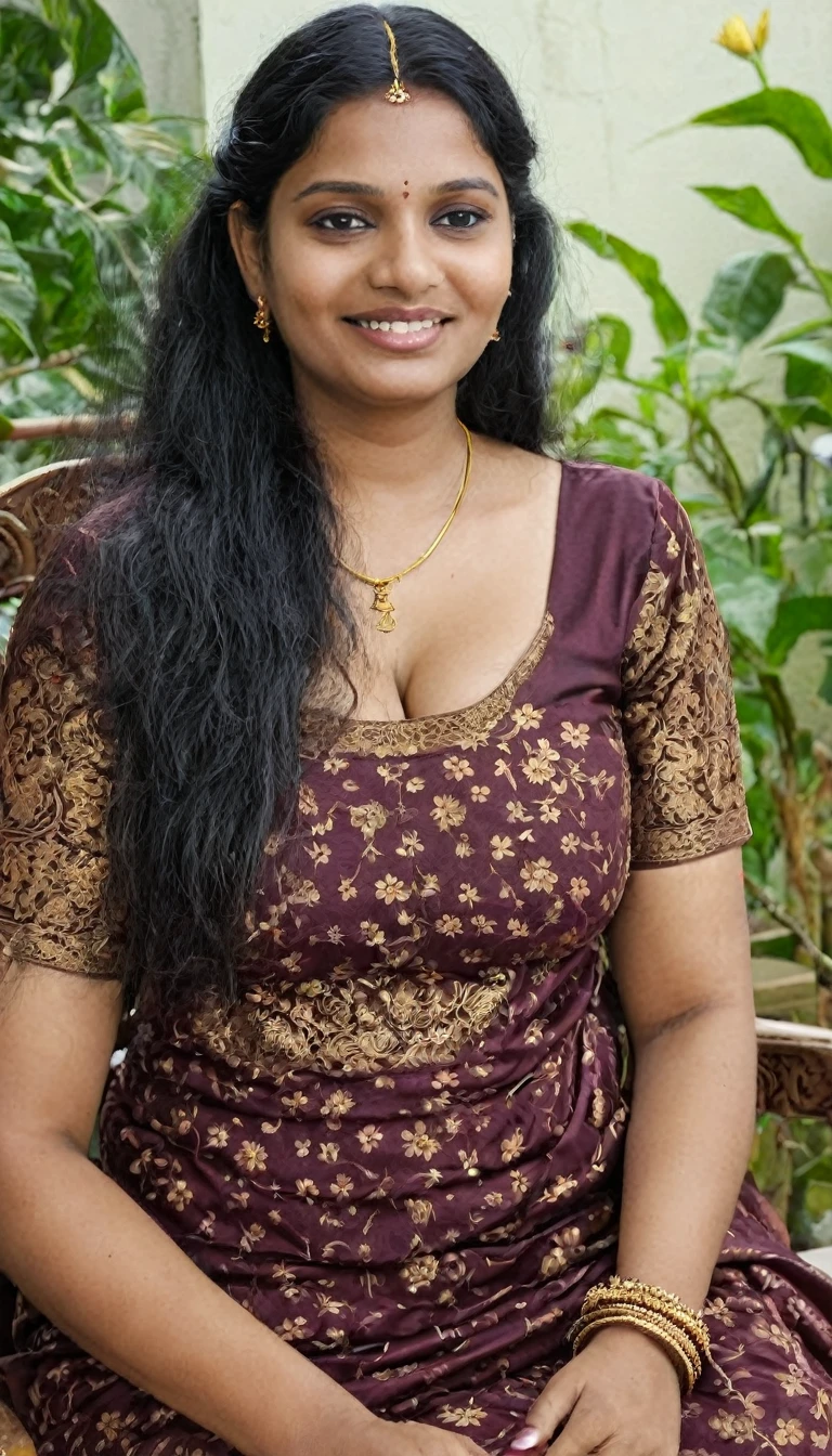 Meena actress,A photo of a indian woman of 45 yo, dark skin, south indian, traditional, busty, plus sized, with long black hair, seated elegantly on a vintage-style chair. She wears a deep black blouse with a floral saree , long locket, braid on front, golden ornaments, bathtub, a boy standing behind, Afternoon, closeup, long hair on front, smile, backyard, varanda, very long hair, cleavage, busty, closeup,