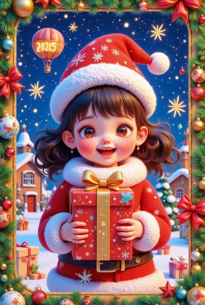  Christmas Card Border ， Picture of a Girl Holding a Gift。  Crazy Christmas  ， glowing letter 2025 red，Hot air balloon in the sky，Warm Town  ， Pleasant atmosphere ，Fireworks background