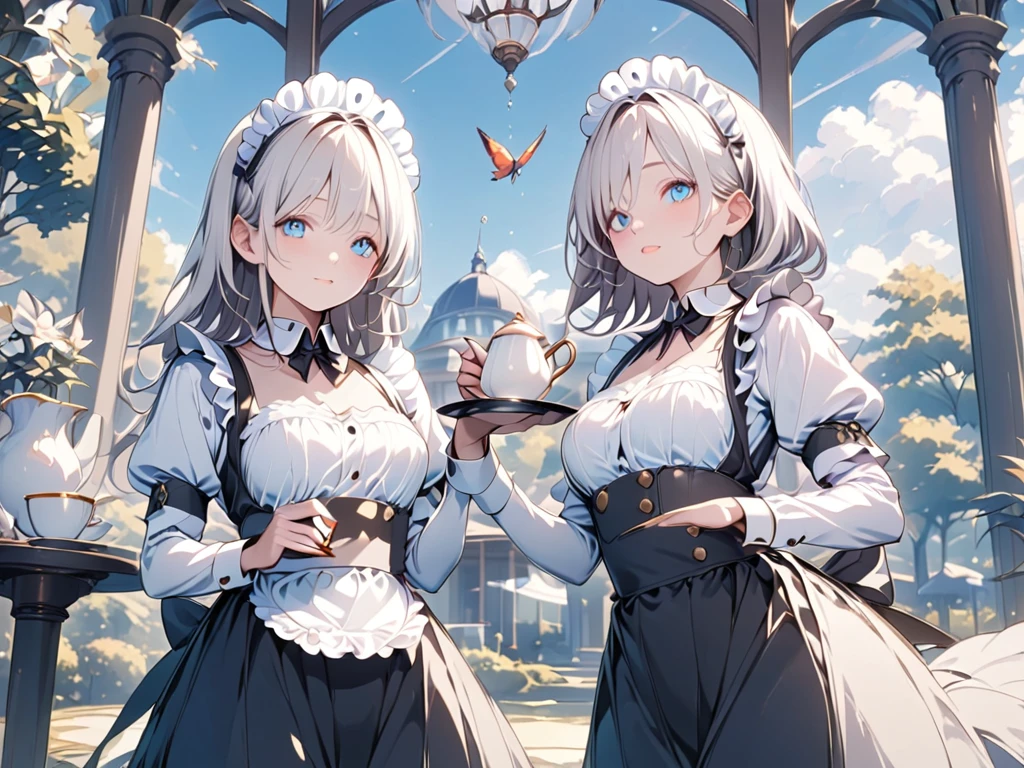 (woman),(最High image quality, 8k, masterpiece:1.3), (24 years old:1.5), ( Silver Hair), ( semi-long),  (Full body shot、Fair skin、 maid outfit 、 Long Sleeve 、blue beautiful eyes 、Waiter、Elegant、 long skirt、noble、Western-style building、garden、Pour in the tea)), ([Ultra Clear:1.5), ( shiny skin:1.1),(Pale skin:1.1),High image quality、 clear contours、