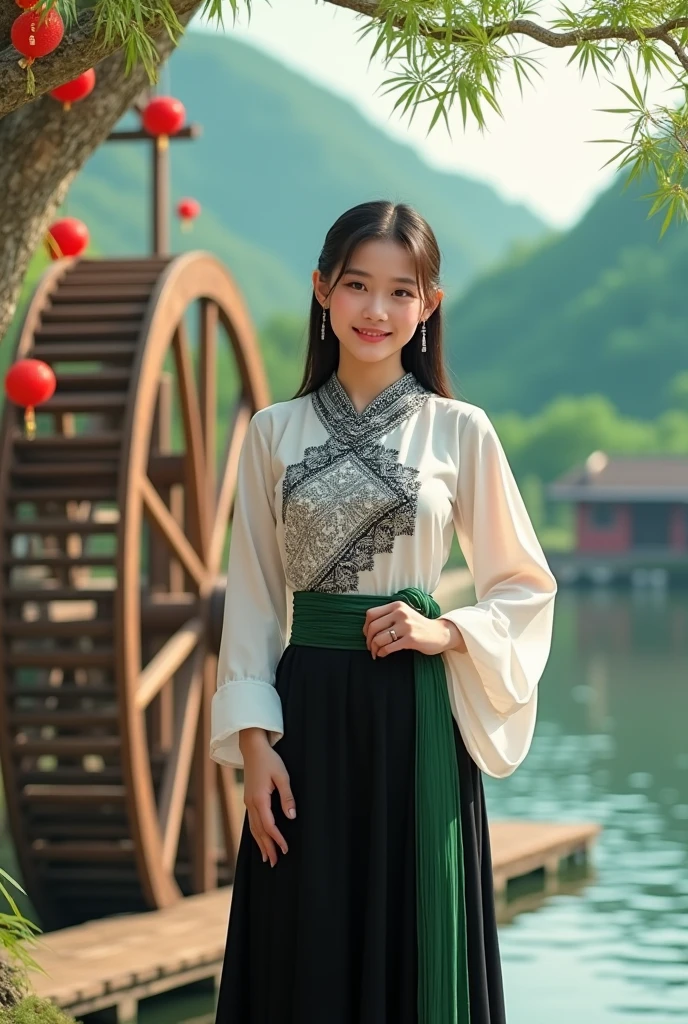 ctai, dantochaitrang,A young woman in traditional Vietnamese Thai ethnic clothing poses outdoors near a peaceful river with a wooden waterwheel and a backdrop of lush green hills. She wears a white and black patterned top, a white embroidered blouse, and a black skirt with a green elastic band. The backdrop is vibrant with natural beauty, including bamboo structures and red ornaments on nearby trees, giving the scene a lively and cultural atmosphere