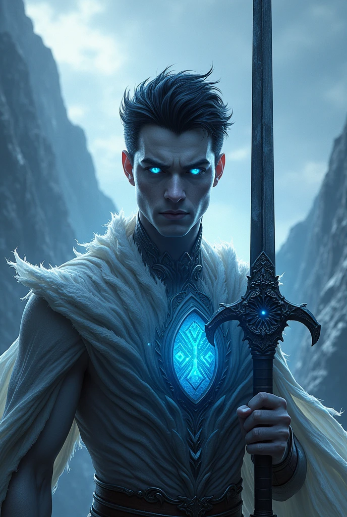 A closeup of a man with a sword in his hands, Djinn human hybrid, Djinn male demon man, Djinn purple, Djinn male man demon hybrid, Raziel IRL, this character has cryokinesis, warrior of light, beautiful avatar photos, djinn, purple skin elf, hero of Dota 2, purple fire powers, purple elf