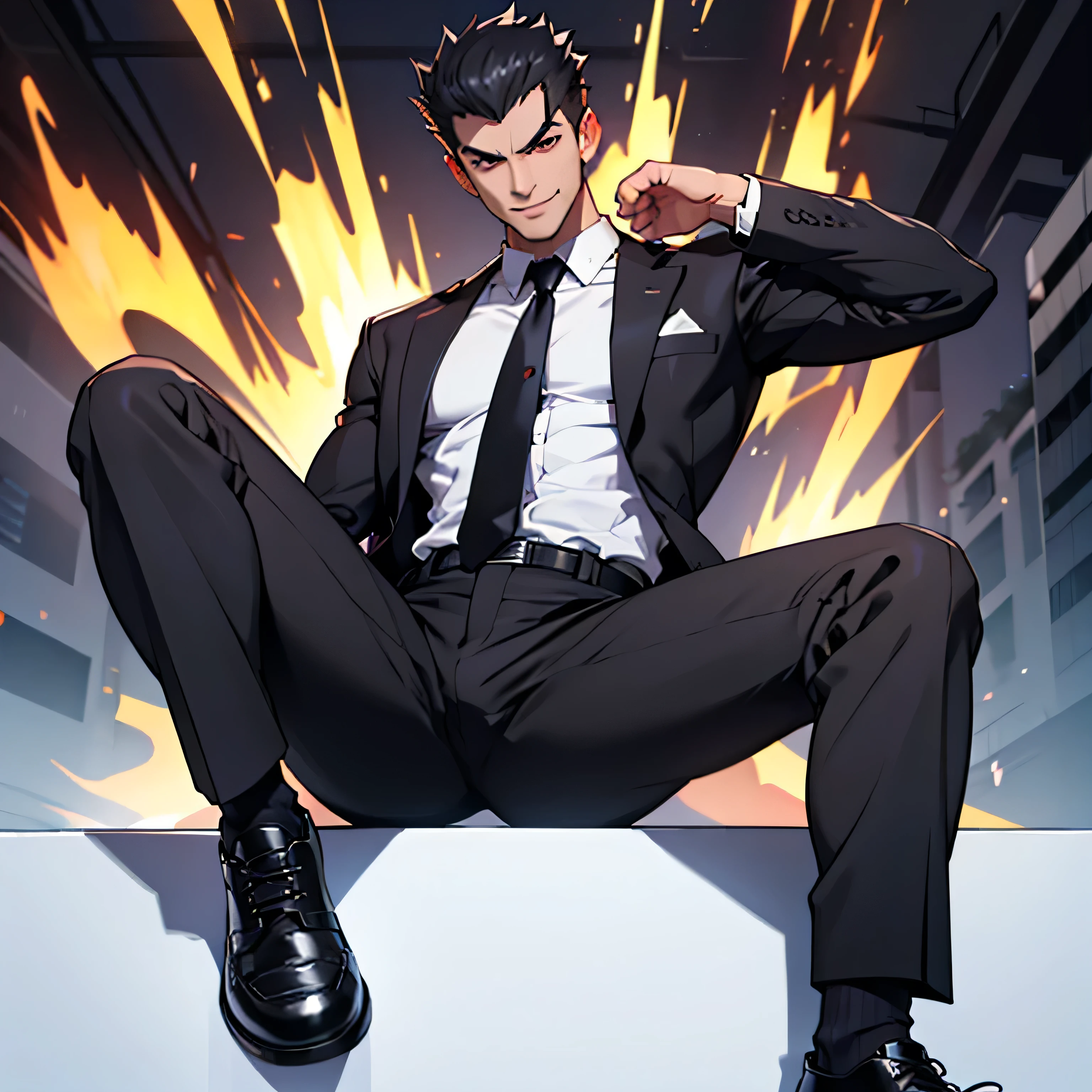 Age 25,, simple black suit、 white shirt、 Maroon Necktie,  black slim pants  ,cool battle pose、Spread your legs wider,black belt,Black socks,Black leather shoes,logic, Gay , black hair, short hair on the side of the uniform, thick eyebrows, Lightly Set Your Hair with Wax 、Masculine,salaryman,Mob characters,Bad Actor , Erotic 3D Finish ,、View from below　The villain's smile　 face up　Maroon Neckties 