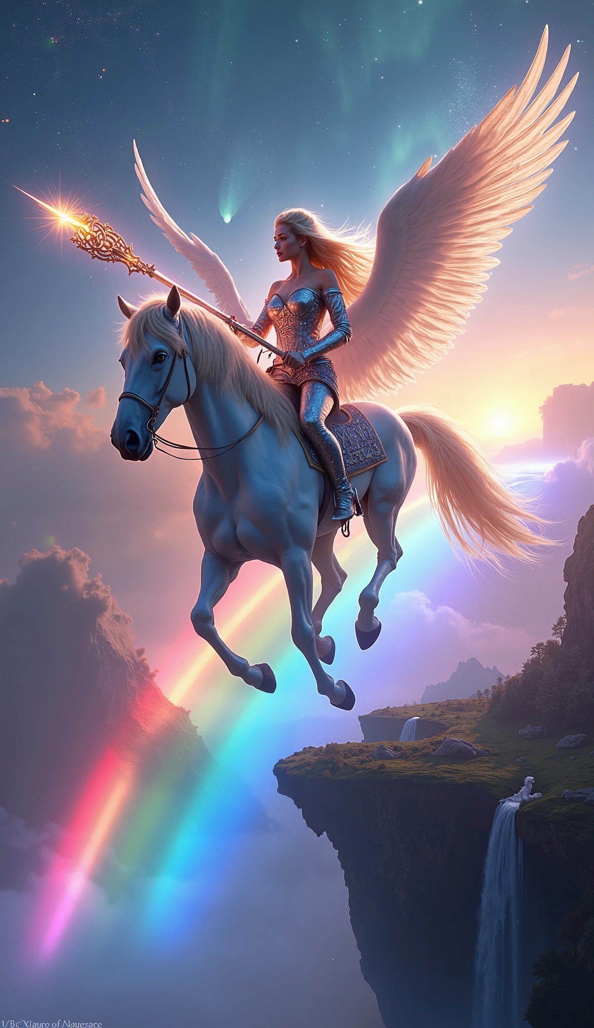 A breathtaking depiction of a celestial female warrior, her ethereal beauty radiating strength and grace, riding a majestic pegasus across a radiant Rainbow Bridge that arcs through a twilight sky. She wears shimmering, armor-like attire adorned with glowing celestial runes, her long, flowing hair trailing behind her like a comet’s tail. The pegasus, its pure white wings tipped with glimmering stardust, strides majestically on the vibrant, multicolored bridge, with the hues of the rainbow reflecting off its glossy coat. The warrior holds a luminous, intricately designed spear that pulses with otherworldly energy, embodying her readiness for an impending destiny.

The surrounding sky is filled with swirling galaxies, faint auroras, and cascading light from the Rainbow Bridge, casting a mystical glow over the scene. Below the bridge, a dreamy expanse of floating islands and shadowy landscapes suggests a hidden realm steeped in mystery. The scene exudes an unexplainable sense of wonder, blending beauty, power, and magic seamlessly, while the celestial connection between the warrior, her pegasus, and the bridge evokes a journey of cosmic importance.







