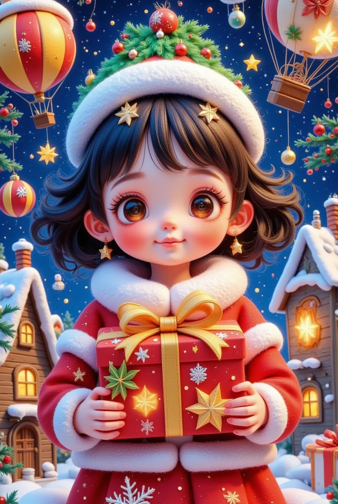  Christmas Card Border ， Picture of a Girl Holding a Gift。  Crazy Christmas  ， glowing letter 2025 red，Hot air balloon in the sky，Warm Town  ， Pleasant atmosphere ，Fireworks background