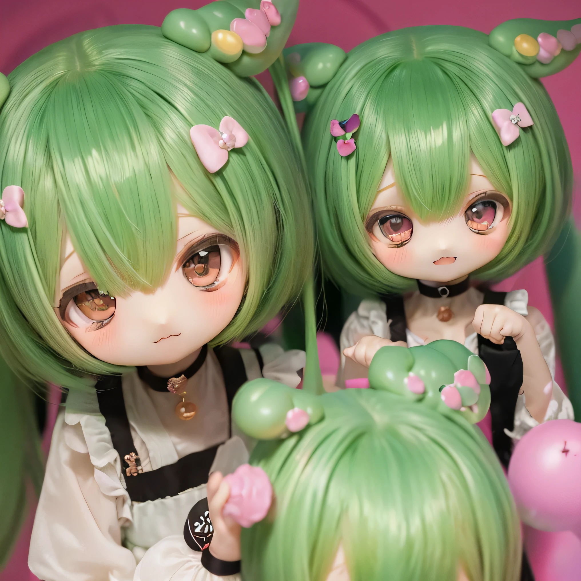   Green-haired Zundaman in cute pose(((((Chibi)))))play、(((Mother and daughter)))