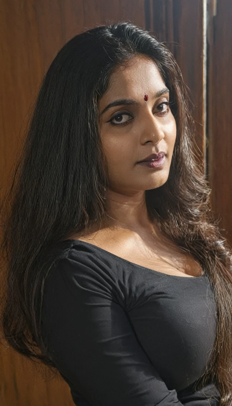 Pragathi actress,4k photo of indian aunty, full sleeves black tight top, dark skin, long hair, thick, 45 yo, cleavage, in classroom, backyard, windows beside, closeup,  longhaired, side posed, rapunzel long hair, 