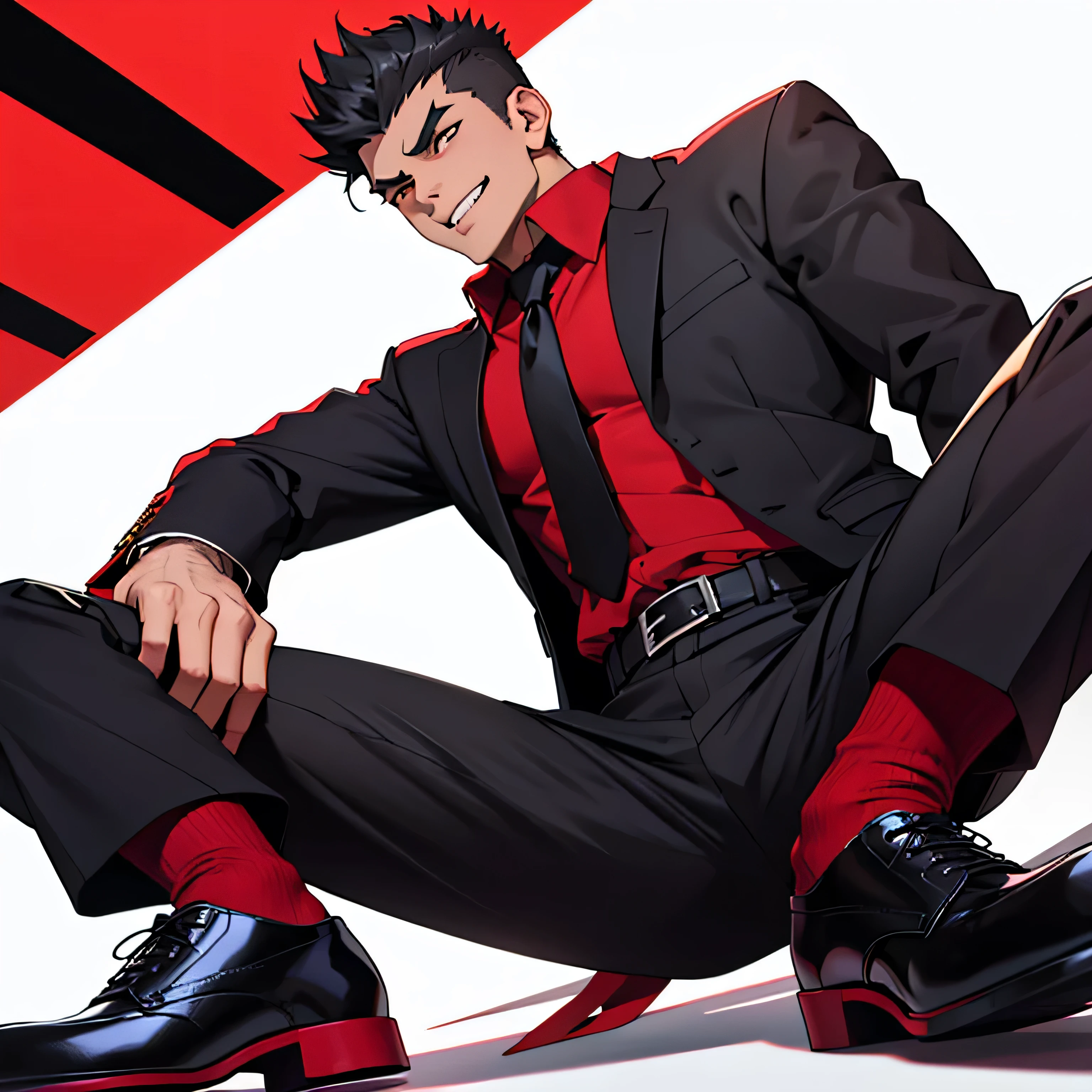 Age 25,,Simple black GAKURAN、Red Shirt,  black slim pants  ,cool battle pose、Spread your legs wider,black belt,Black socks,Black leather shoes,logic, Gay , black hair, short hair on the side of the uniform, thick eyebrows, Lightly Set Your Hair with Wax 、Masculine,salaryman,Mob characters,Bad Actor , Erotic 3D Finish ,、View from below　The villain's smile　 face up　Maroon Neckties 