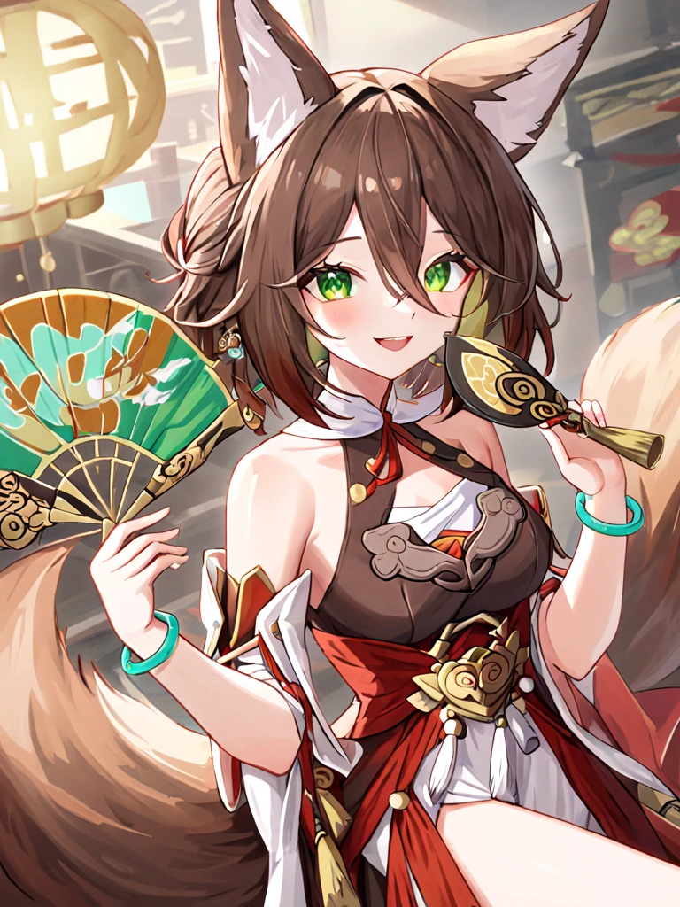 ultra-deTailed,( best quality),((masterpiece)),( high definition ),original,extremely,Tingyun,  1 girl ,  animal ears , Green Eyes, fan, Tail, Alone, chest,  fox ears,  brown hair,   Multi Colored Hair  ,  watching viewers, Put a mask on the , holding, smile,  jewelry, holding fan,  hair between eyes,  animal ears の毛,  bare shoulders,  Short Hair , fox Tail,  Bracelets,  dress