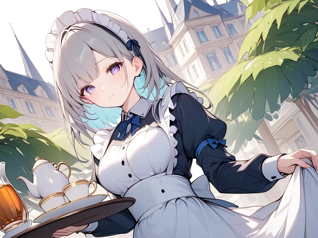 ( adult woman),(最High image quality, 8k, masterpiece:1.3), (24 years old:1.5), ( gray hair ), ( semi-long),  ( good style、Full body shot、Fair skin、 maid outfit 、 Long Sleeve 、Sophisticated, beautiful eyes、 long lashes、Waiter、Elegant、 long skirt、Western-style building、garden、Pour in the tea)), ([Ultra Clear:1.5), ( shiny skin:1.1),(Pale skin:1.1),High image quality、 clear contours、