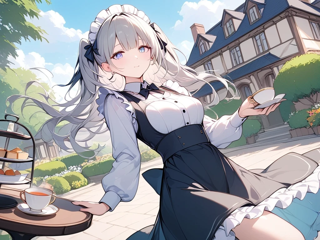 ( adult woman),(最High image quality, 8k, masterpiece:1.3), (24 years old:1.5), ( gray hair ), ( semi-long),  ( good style、Full body shot、Fair skin、 maid outfit 、 Long Sleeve 、Sophisticated, beautiful eyes、 long lashes、Waiter、Elegant、 long skirt、Western-style building、garden、Pour in the tea)), ([Ultra Clear:1.5), ( shiny skin:1.1),(Pale skin:1.1),High image quality、 clear contours、