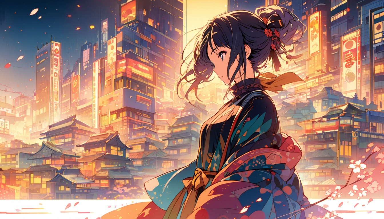 a young woman in modern Japan, styled in a Kyoto Animation-inspired art style. The illustration focuses on her upper body as she stands in the vibrant, early morning light of Tokyo, surrounded by the glowing cityscape. She wears stylish Western clothes, with a hint of a casual yet elegant look. The background subtly highlights cherry blossoms and jazz elements, with a few scattered notes around, capturing the musical and lively atmosphere of the city. The poster has a 2D aesthetic, focusing on warm colors and intricate details for an enchanting look.