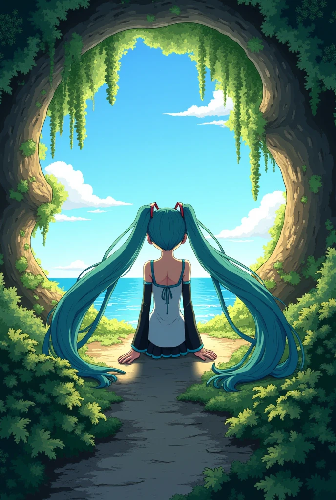 (masterpiece、 best quality、 best quality、 Official Art、 beautiful and beautiful :1.2)、( one girl who is at ease:1.3) Hatsune Miku、 twin tails, Beautiful breasts,Strong light,  intense contrast , In an open-roofed cave、 sunlight shines through green moss and ferns。,  And open( Sea view:1.1) Next,  cell shading rendering , 4K,  360 degrees,  Cylindrical equilateral diagram , qxj, 