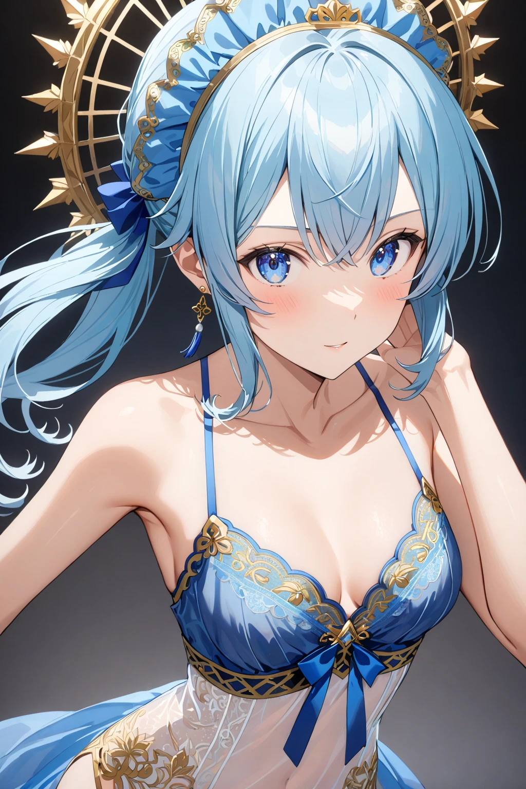 (  ultra high resolution,   best quality、  Detailed Details:0.65),   textured skin、 one woman, ( Asada Shino:1.2)、 short cut 、 straight hair 、 Side Ponytail 、 light blue hair 、Shiny Hair、 beautiful eyes、Glamorous eyes、  small breasts、 simple background, (Blur the background :0.7)、Blue underwear、Sexy lingerie、Silk Fabric、Beautiful gold embroidery 、 sexy pose、blush、 headdress earrings 、whole body